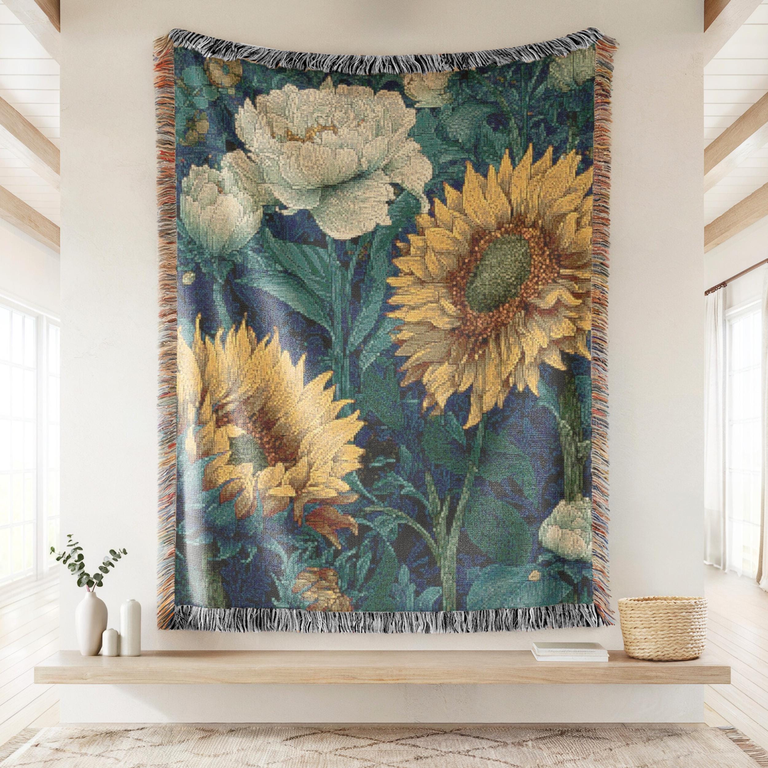 Vintage Botanical Woven Blanket Sunflower Peony Tapestry Wall