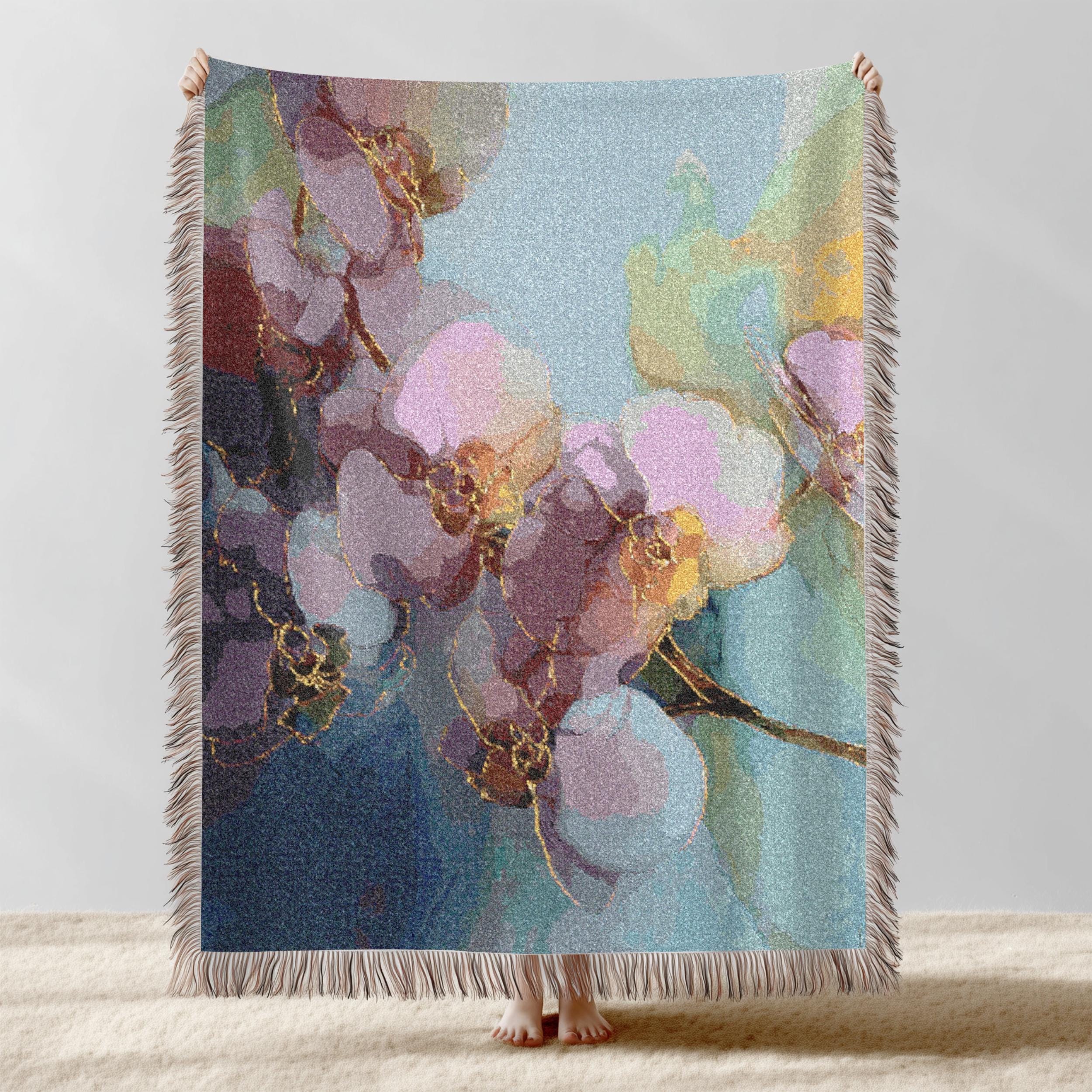 Vintage Orchid Watercolor Botanical Woven Blanket | Cotton Woven
