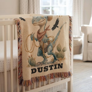 Gepersonaliseerde cowboy-dinosaurusbabydeken: geweven katoenen pasgeboren cadeau