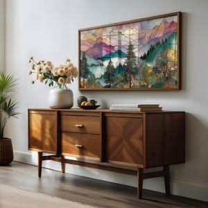 Serene mountain landscape Samsung Frame TV art for recreation room — colorful stained-glass scenery featuring misty valleys.