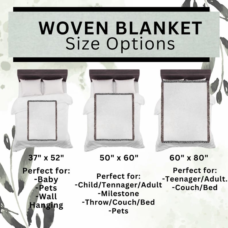 May include: Image shows three woven blankets in different sizes: 37" x 52", 50" x 60", and 60" x 80". Each blanket is displayed on a bed with white bedding. The text "WOVEN BLANKET Size Options" is at the top. The blankets have a decorative border.