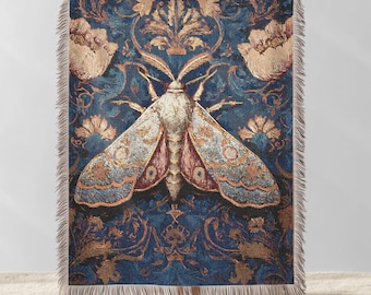 Victorian Moth Woven Blanket, Cottagecore and Dark Academia Throw, Witchy Decor Tapestry, Goblincore Wall Tapestry,  Moth Lover Gift Xmas