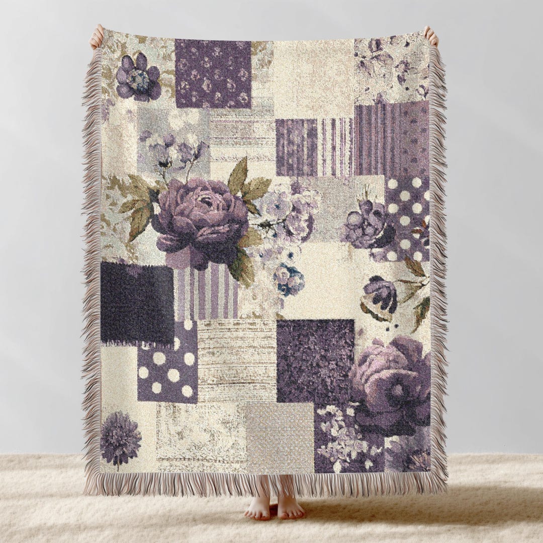 Pattern Patchwork Purple Farmhouse Patchwork Purple Woven Blanket, Shabby Chic Cottagecore Wall ...