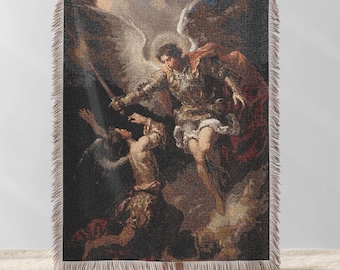 Vintage Archangel Woven Blanket, CelestialTapestry Throw, Archangel Michael Art, Christian Xmas Gift, Dark Academia Cotton Bed Cover Gift
