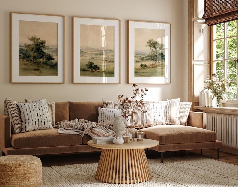 Timeless three-piece art set for rustic dining areas — peaceful watercolor visuals combining nature and vintage charm into one bundle.
