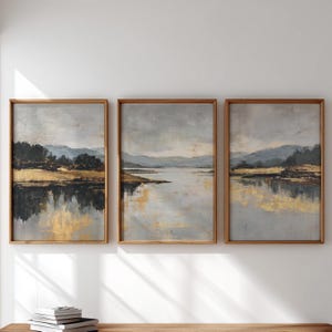 Triptych Abstract Landscape Prints, 3 Piece Wall Art Set, Modern Coastal Decor, Muted Neutral Gallery Art, Digital Download 206