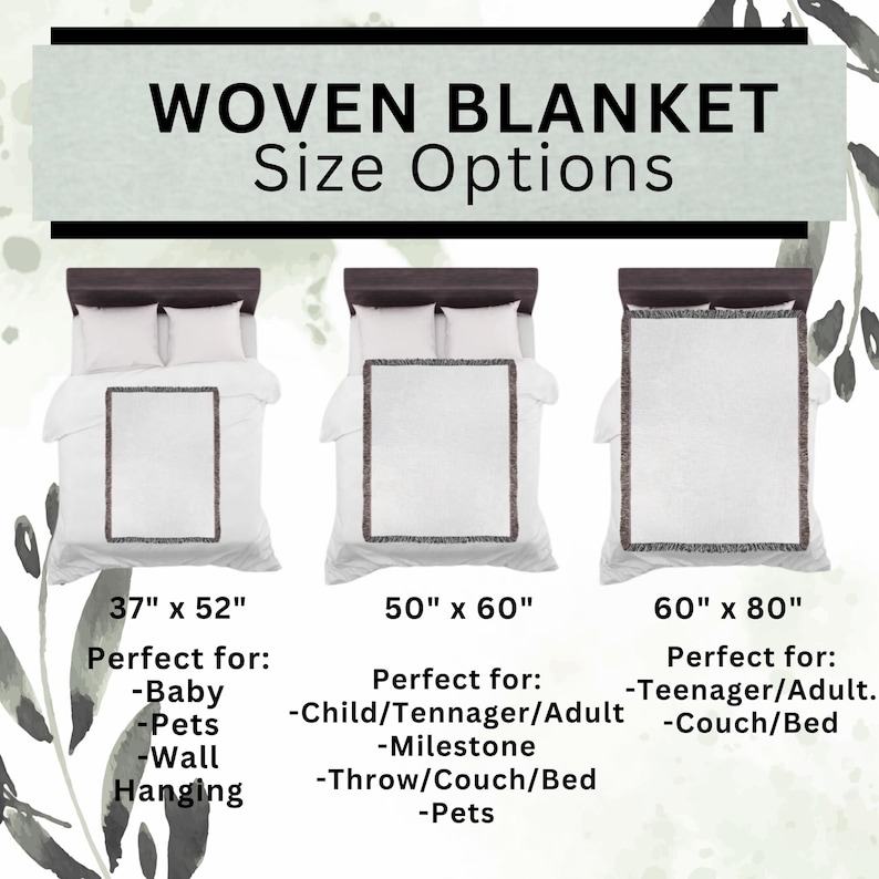 May include: Image shows three woven blankets in different sizes: 37" x 52", 50" x 60", and 60" x 80". Each blanket is white with a decorative border. The text "WOVEN BLANKET Size Options" is at the top.