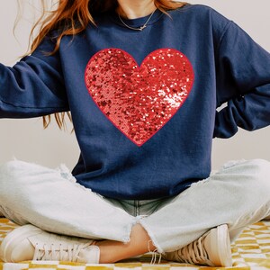 Red Faux Sequin Heart Sweatshirt Distressed Sequin Faux Heart Crewneck ...