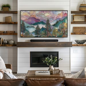 Luminous mountain scenery digital art for family room — rustic-friendly design showcasing layered peaks and serene colors.