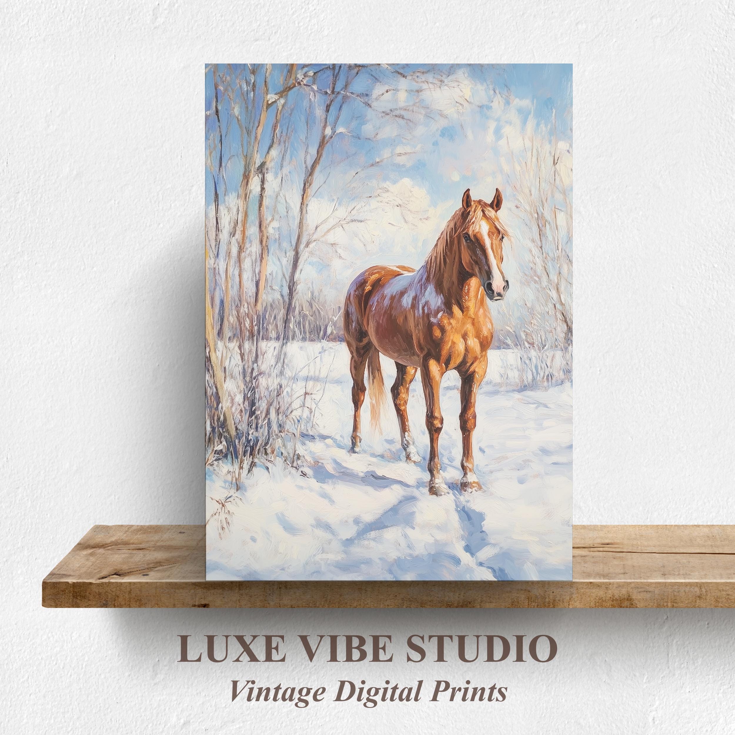 The Horse Chestnut Fairy 額装アート Vintage Oil Painting of a Chestnut Horse in Snow - Rustic Winter