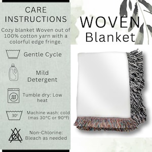 May include: A white woven blanket with a colorful fringe edge. The blanket is made of 100% cotton yarn. The image also includes care instructions, such as gentle cycle washing and low heat tumble drying.