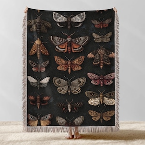 Vintage Butterfly Moth Woven Blanket, Moth Cottagecore Tapestry Throw, Witchy Home Decor, Moth Dark Academia Bed Cover, Insect Lover Gift