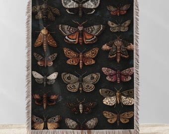 Vintage Butterfly Moth Woven Blanket, Moth Cottagecore Tapestry Throw, Witchy Home Decor, Moth Dark Academia Bed Cover, Insect Lover Gift