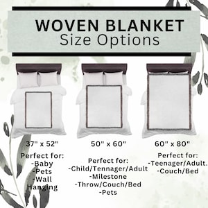 May include: Image shows three woven blankets in different sizes: 37" x 52", 50" x 60", and 60" x 80". Each blanket is displayed on a bed with white bedding. The text "WOVEN BLANKET Size Options" is at the top.