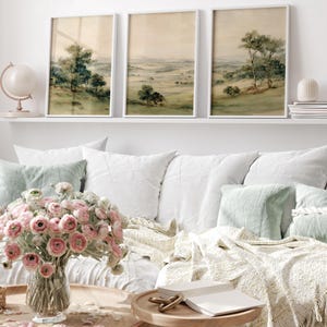 Watercolor landscape art bundle for minimalist homes — soothing triptych perfect for a clean, vintage-inspired aesthetic.