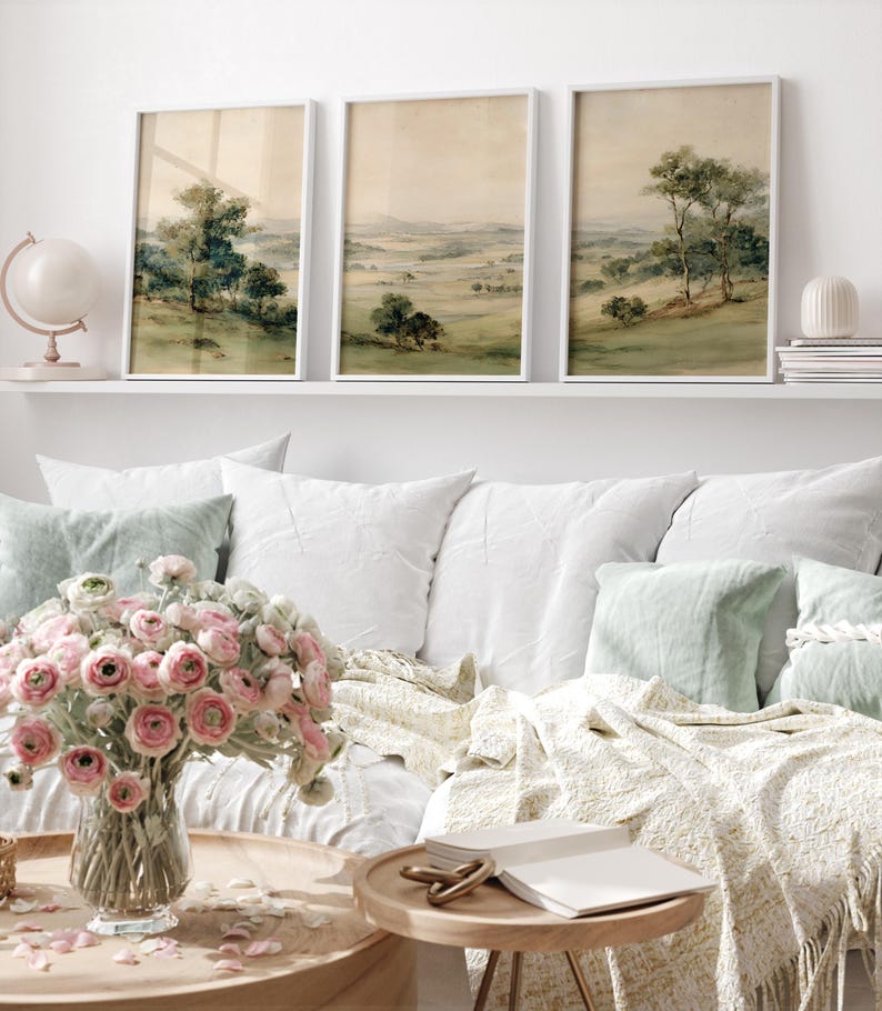 Watercolor landscape art bundle for minimalist homes — soothing triptych perfect for a clean, vintage-inspired aesthetic.
