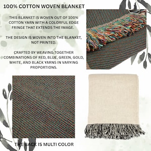 Puede incluir: Una manta de algod&oacute;n tejido con un cuerpo color crema y un fleco multicolor. La manta presenta un dise&ntilde;o tejido en hilos rojos, azules, verdes, dorados, blancos y negros. El texto en la imagen dice "100% COTTON WOVEN BLANKET."