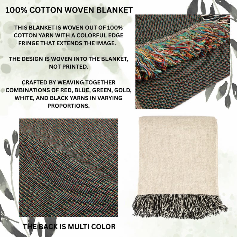 Puede incluir: Una manta de algod&oacute;n tejido con un cuerpo color crema y un fleco multicolor. La manta presenta un dise&ntilde;o tejido en hilos rojos, azules, verdes, dorados, blancos y negros. El texto en la imagen dice "100% COTTON WOVEN BLANKET."