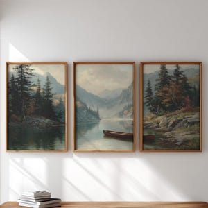 Conjunto de 3 quadros decorativos em tríptico com temática melancólica, estampas clássicas de montanhas e lagos, decoração rústica inspirada na natureza, impressões para download, paisagem vintage 62