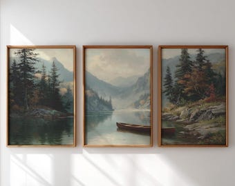 Moody Triptych Wall Art Set of 3, Classic Mountain-Lake Prints, Rustic Nature-Inspired Decor, Downloadable Prints, Vintage Landscape 62