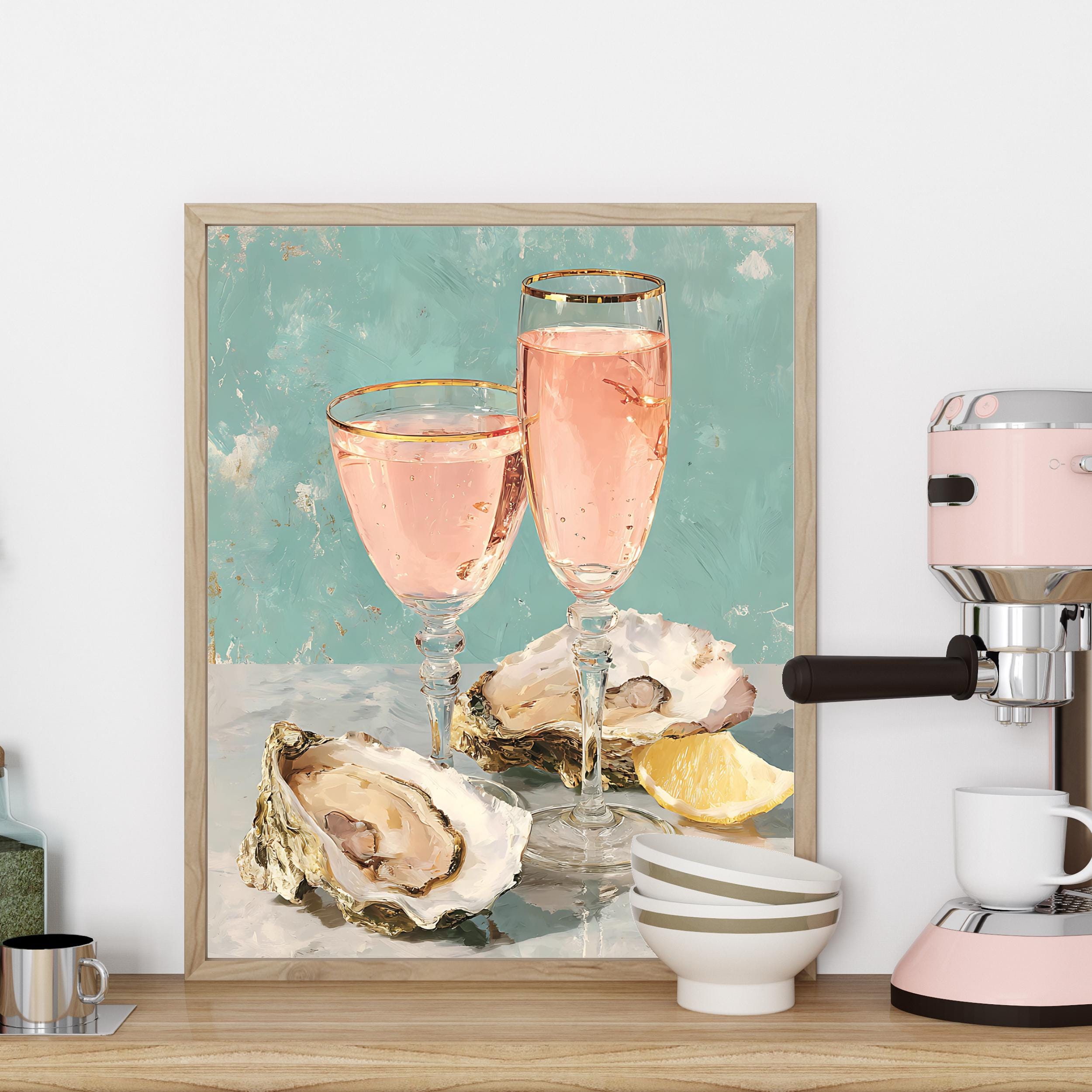 牡蠣とシャンパンのプリントウォールアート、トレンドの海岸風キッチン