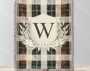 Custom Family Name Woven Blanket - Last Name Initials Throw Blanket, Personalized Plaid Christmas Tapestry Gift for Newlyweds, New Home Gift