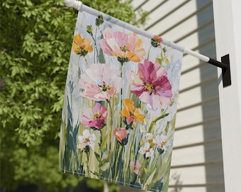 Bandera de jardín con flores silvestres: decoración de jardín botánico, pintura al óleo con flores artificiales, bandera de porche, decoración de exteriores, pancarta de temporada