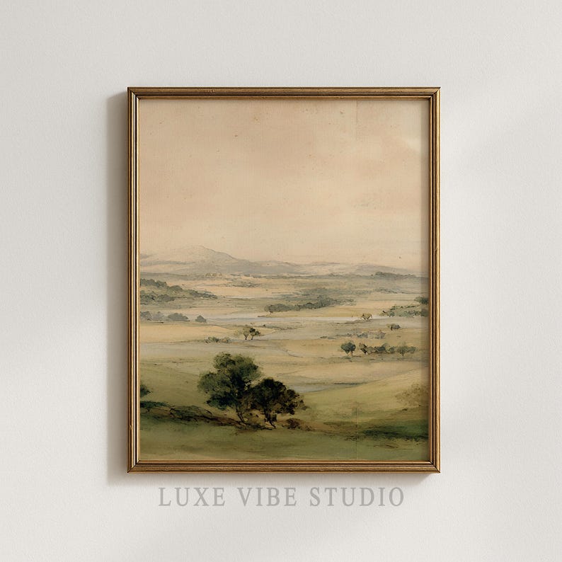 Serene watercolor painting set for home office — harmonious triptych bringing calming pastoral scenes to enhance creativity and focus.