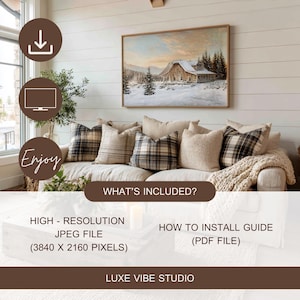 Colorful landscape art for TV for entryway — vibrant stained-glass depiction of Olympic peaks with a reflective lake and forested hills.