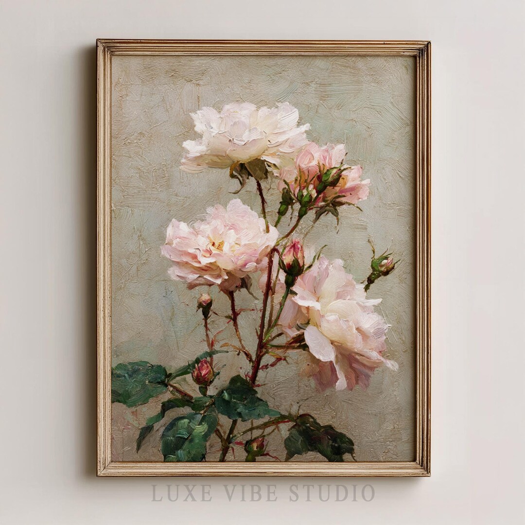 Vintage Pink Roses Printable Art - Romantic Cottagecore Floral Painting ...