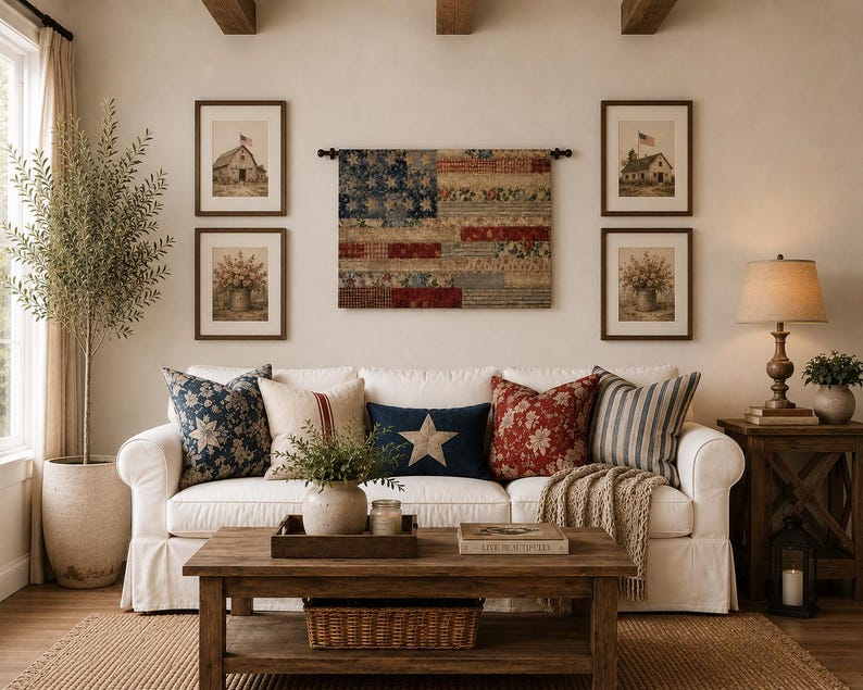 Patriotic Woven Tapestry Wall Hanging, Americana Flag Decor, Farmhouse Wall Art, Vintage USA Tapestry, July 4th Decor image 5