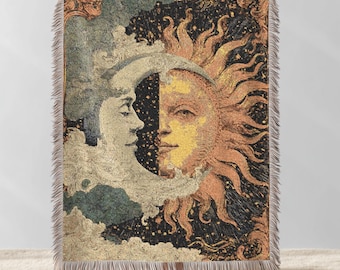 Celestial Sun Moon Woven Blanket, Cozy Cotton Throw, Zodiac Wall Tapestry, Dark Academia Throw Witchy Home Decor Tapestry Ethereal Fairytale
