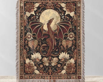Medieval Dragon Woven Blanket, Dragon Cottagecore Tapestry Throw, Mythical Home Decor, Dark Academia Cotton Bed Cover, Fantasy Lover Gift
