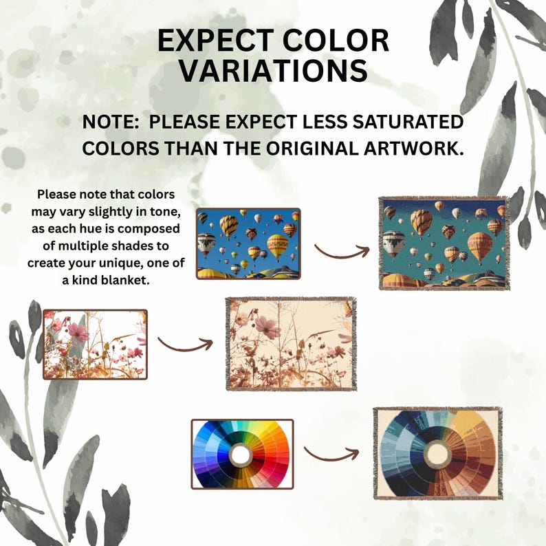 May include: Image showing examples of color variations in blankets. The text reads: "EXPECT COLOR VARIATIONS. NOTE: PLEASE EXPECT LESS SATURATED COLORS THAN THE ORIGINAL ARTWORK." The image shows examples of blankets with different color schemes.