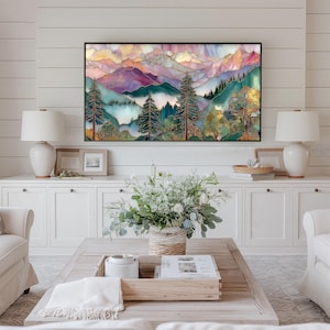 Rustic scenic TV art for study — striking stained-glass illustration of mountains and evergreen trees in vibrant hues.