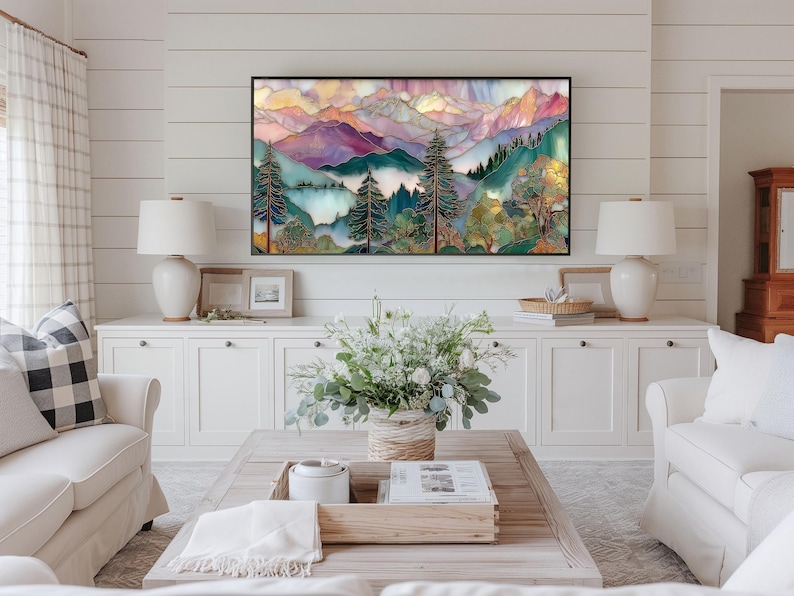 Rustic scenic TV art for study — striking stained-glass illustration of mountains and evergreen trees in vibrant hues.
