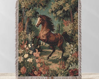couverture tissée cheval vintage, jeté de tapisserie équestre rustique, décoration animalière Cottagecore, couverture en coton Dark Academia, cadeau pour amoureux de la nature