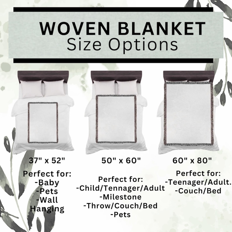 May include: Image shows three woven blankets in different sizes: 37" x 52", 50" x 60", and 60" x 80". Each blanket is displayed on a bed with white bedding. The text "WOVEN BLANKET Size Options" is at the top. The blankets have a decorative border.
