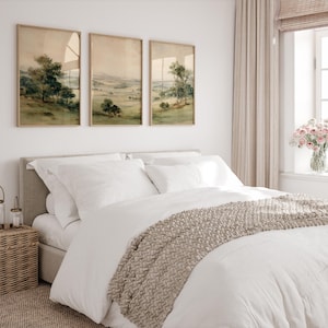 Vintage pastoral wall art set for home interiors — calming watercolor landscapes offering a soft, rustic aesthetic for any room.