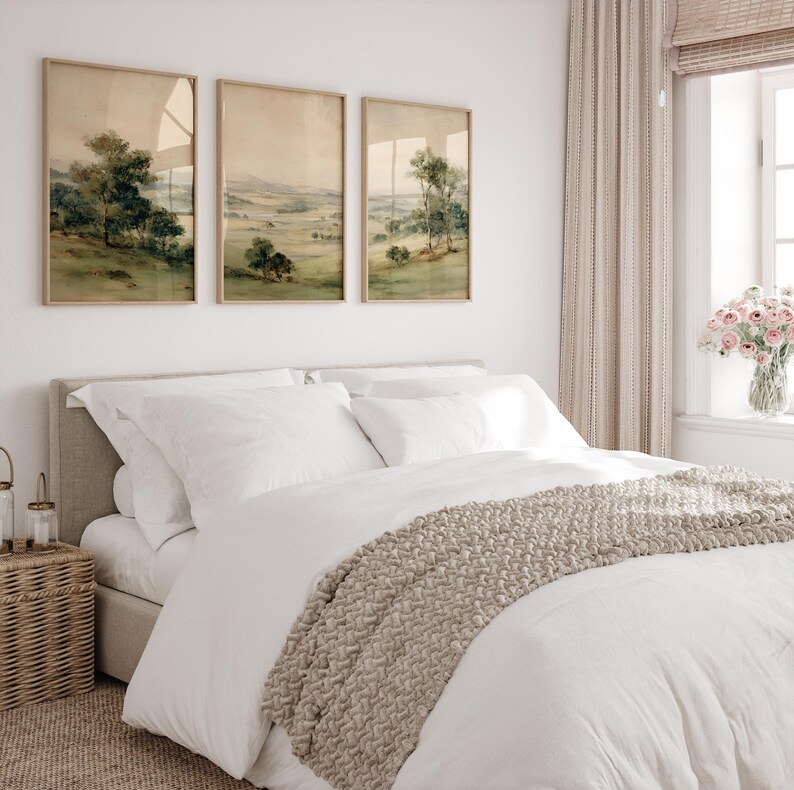 Vintage pastoral wall art set for home interiors — calming watercolor landscapes offering a soft, rustic aesthetic for any room.