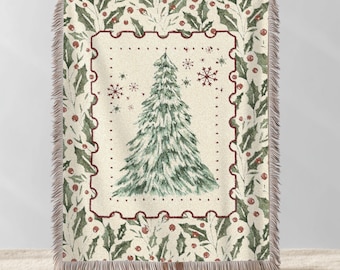 Vintage Christmas Woven Blanket, Festive Xmas Tree Cotton Throw, Christmas Holiday Wall Tapestry, Winter Throw Blanket Gift, Farmhouse Xmas