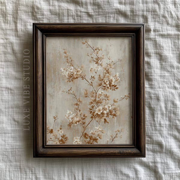 Afdrukbare bloemsierkunst Franse land - beige en witte bloesems, vintage rustiek cottagecore botanisch decor, sepiatinten download 438