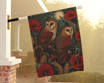 Bandera de William Morris con diseño melancólico, letrero de jardín con búho botánico, decoración de porche con búho y luna de estilo cottagecore, banderín de animales del bosque, idea de regalo para el porche en Navidad