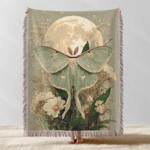 Luna Moth Woven Blanket, Light Academia Throw Blanket, Vintage Luna Moth Woven Wall Tapestry, Xmas Gift Idea, Cozy 100% Cotton  Blanket