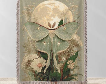 Luna Moth Woven Blanket, Light Academia Throw Blanket, Vintage Luna Moth Woven Wall Tapestry, Xmas Gift Idea, Cozy 100% Cotton  Blanket