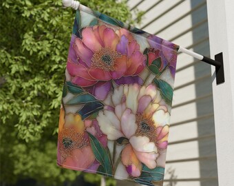 Bandera de jardín con peonías de vitral: decoración de jardín botánico, arte de vitrales artificiales con flores, bandera de porche, pancarta de primavera para exteriores.