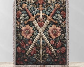 Vintage Medieval Swords Woven Blanket - Cottagecore Cotton Throw , Dark Academia Throw Tapestry Blanket, Renaissance Home Decor