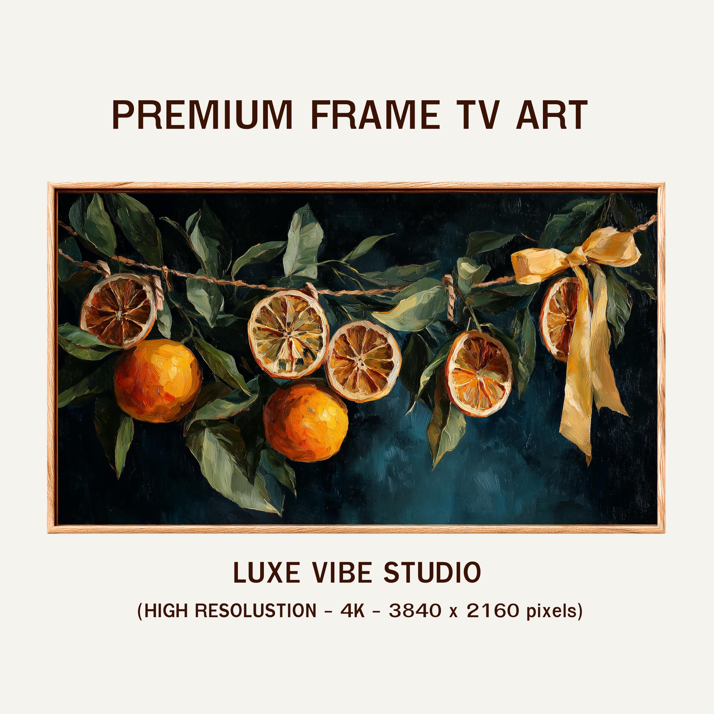 特撮 ART WORKS Collection featuring Rustic Farmhouse Citrus Garland TV Art, Realistic Oranges Painting