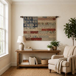 Patriotic Woven Tapestry Wall Hanging, Americana Flag Decor, Farmhouse Wall Art, Vintage USA Tapestry, July 4th Decor image 4