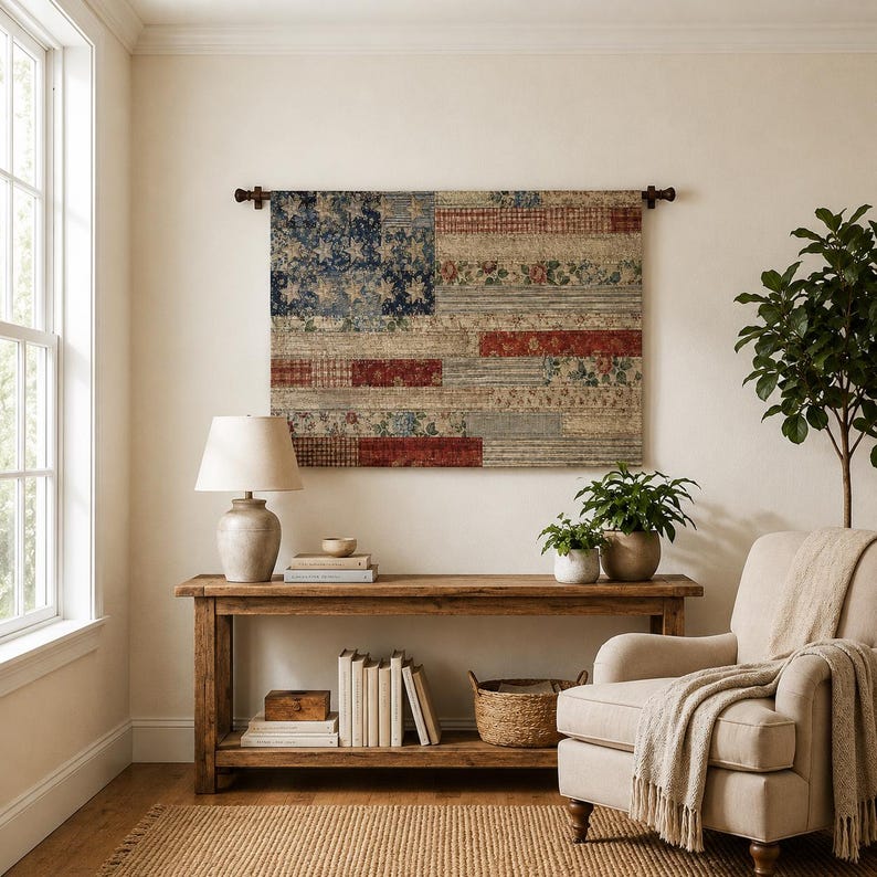 Patriotic Woven Tapestry Wall Hanging, Americana Flag Decor, Farmhouse Wall Art, Vintage USA Tapestry, July 4th Decor image 4